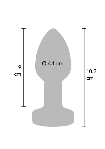 Afmeting-schets van metalen buttplug: Ø 4,1 cm, hoogte 10,2 cm (silhouet)