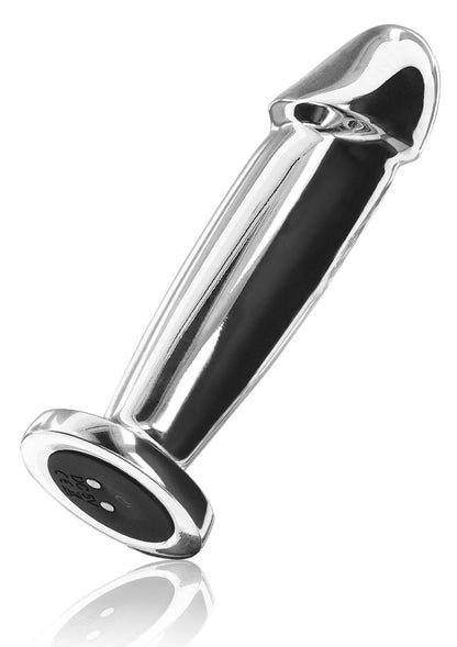 Zilveren metalen vibrerende buttplug met zwarte ovale opening aan de voet