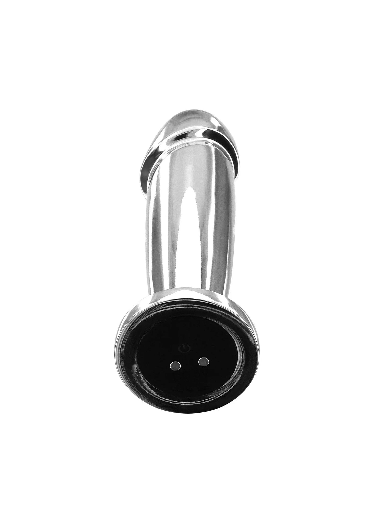 Close-up van metalen buttplug met ronde zwarte bedieningsvlakte en knoppen