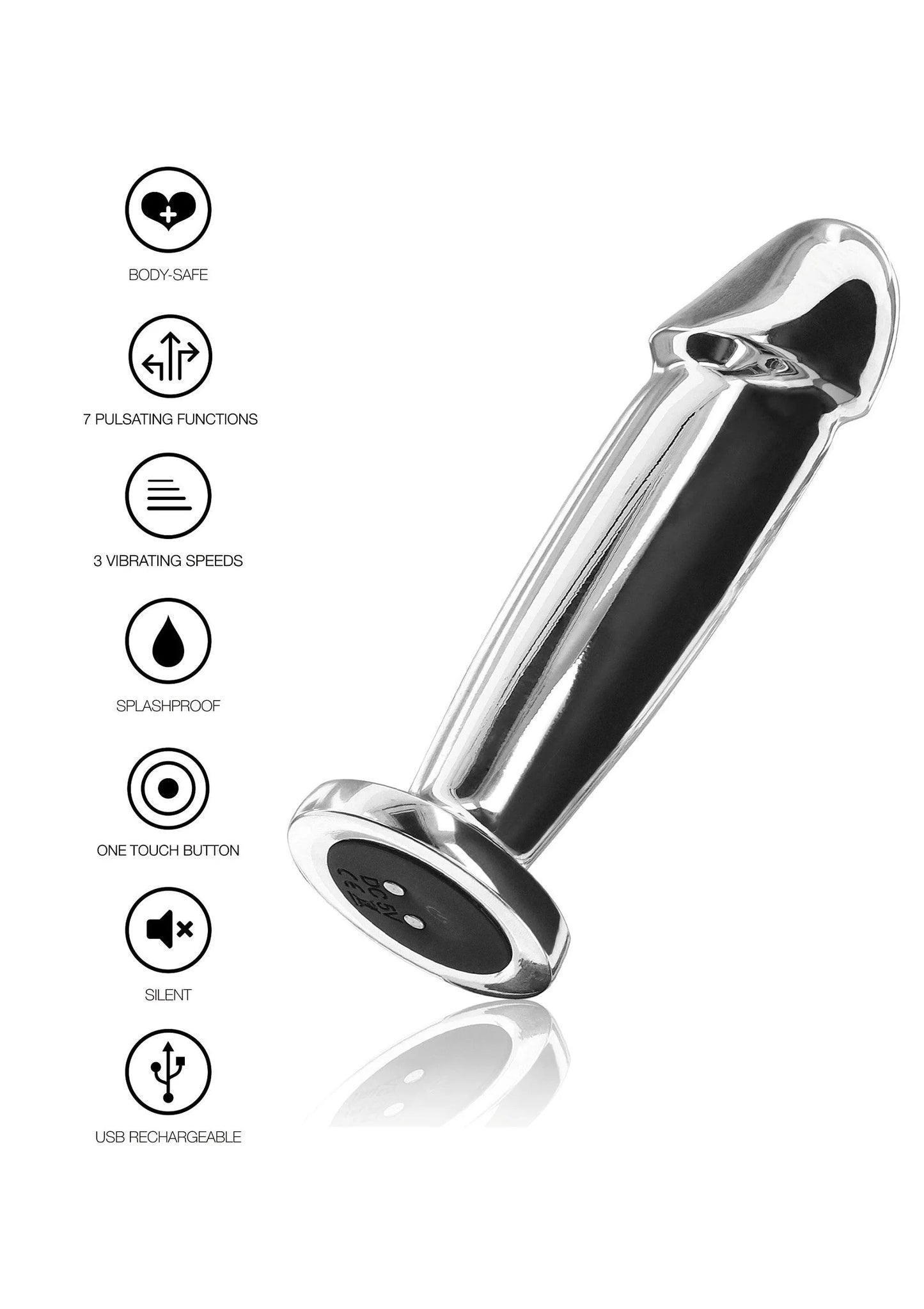 Metalen vibrerende buttplug met 1-touch knop en pictogrammen voor functies