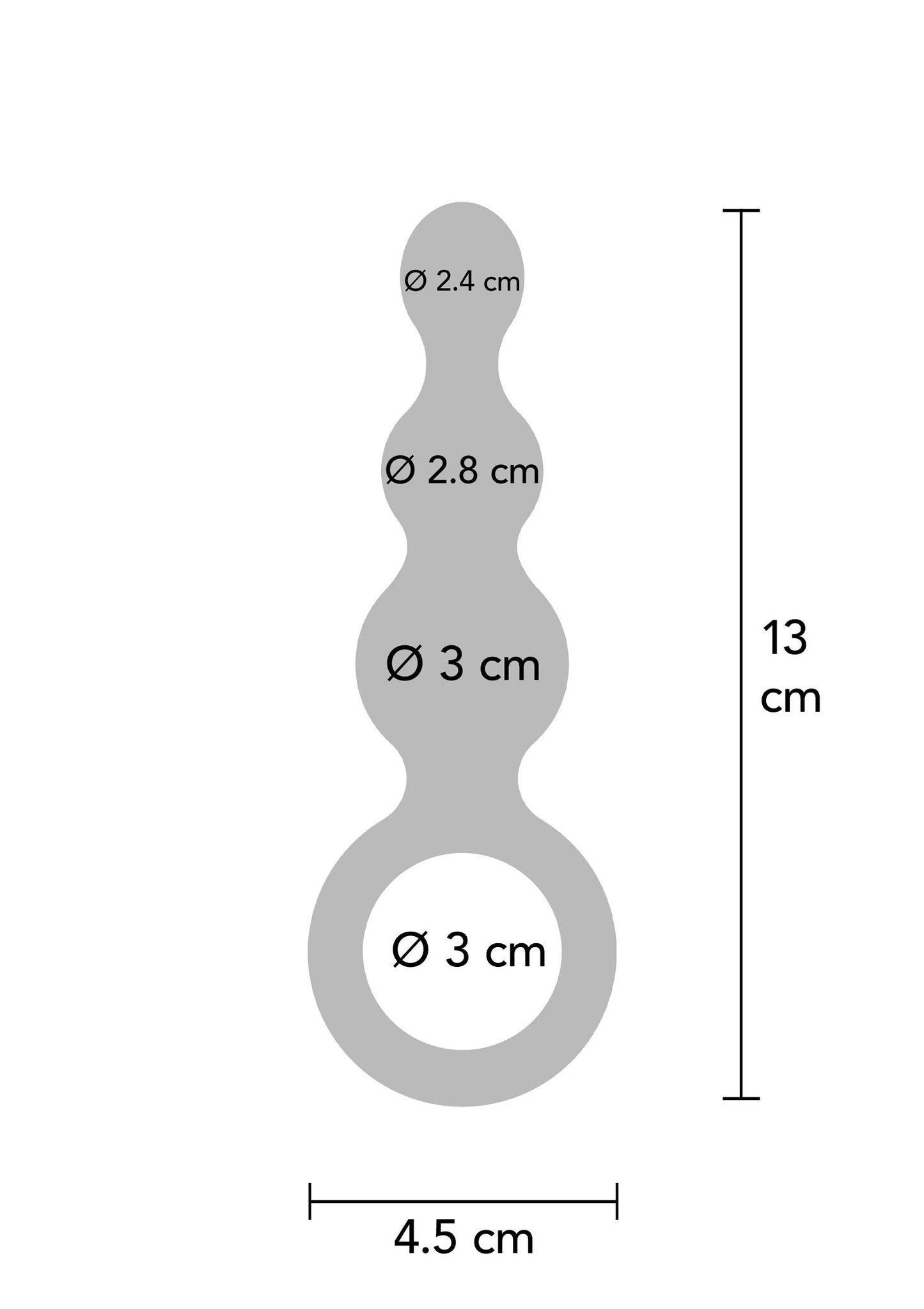 Afmetingen metalen grijze anale plug: 13 cm lang, ø 2,8/3/3 cm