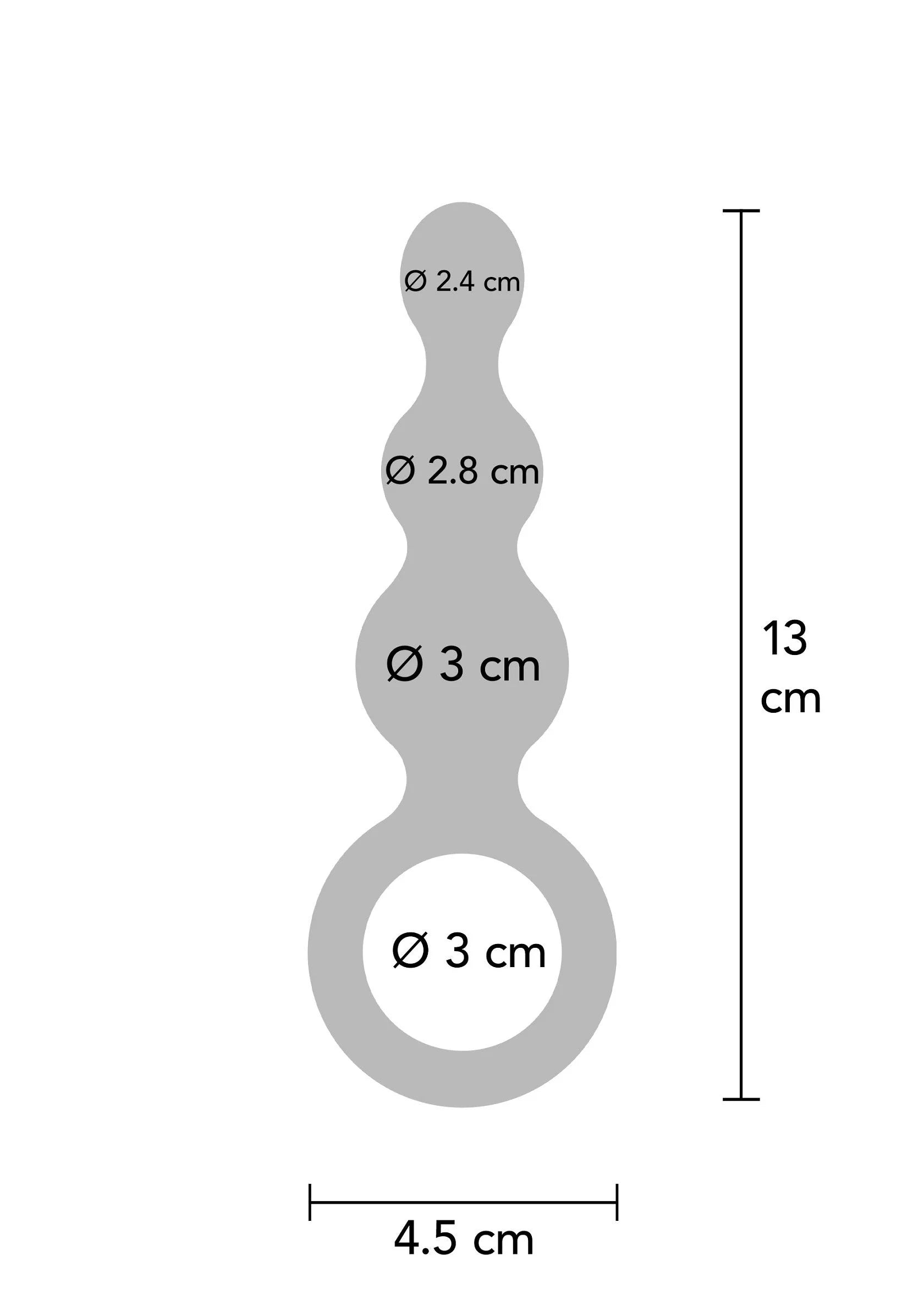 Afmetingen metalen grijze anale plug: 13 cm lang, ø 2,8/3/3 cm