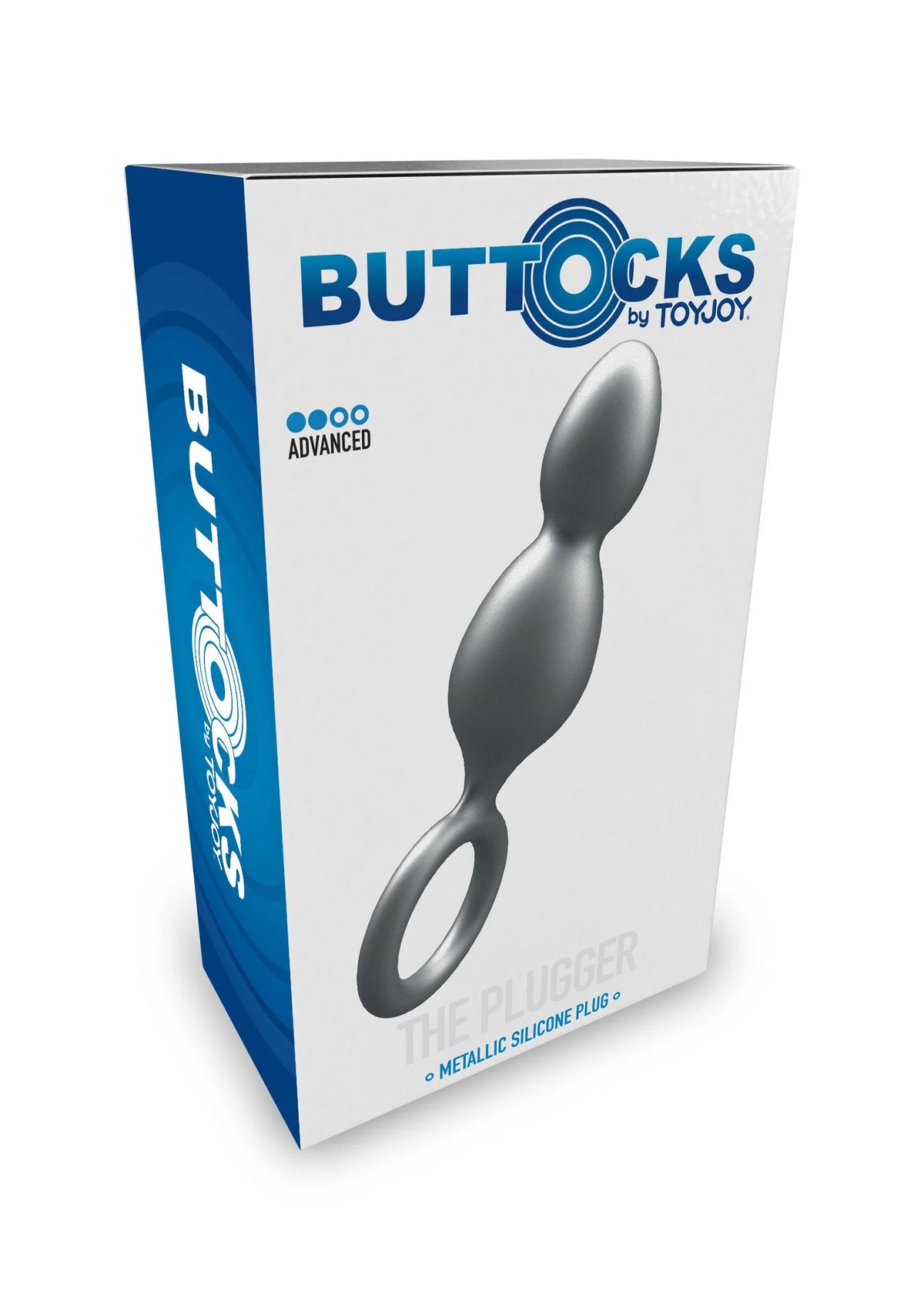 Doos met metallische siliconen anale plug, afgeronde dubbele vorm en ring, ToyJoy.