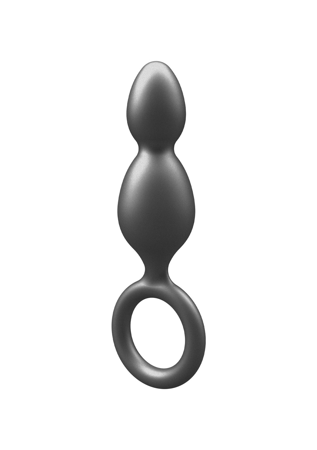 Metallische siliconen anale plug met peervormige uiteinden en brede ovale ring, grijs.
