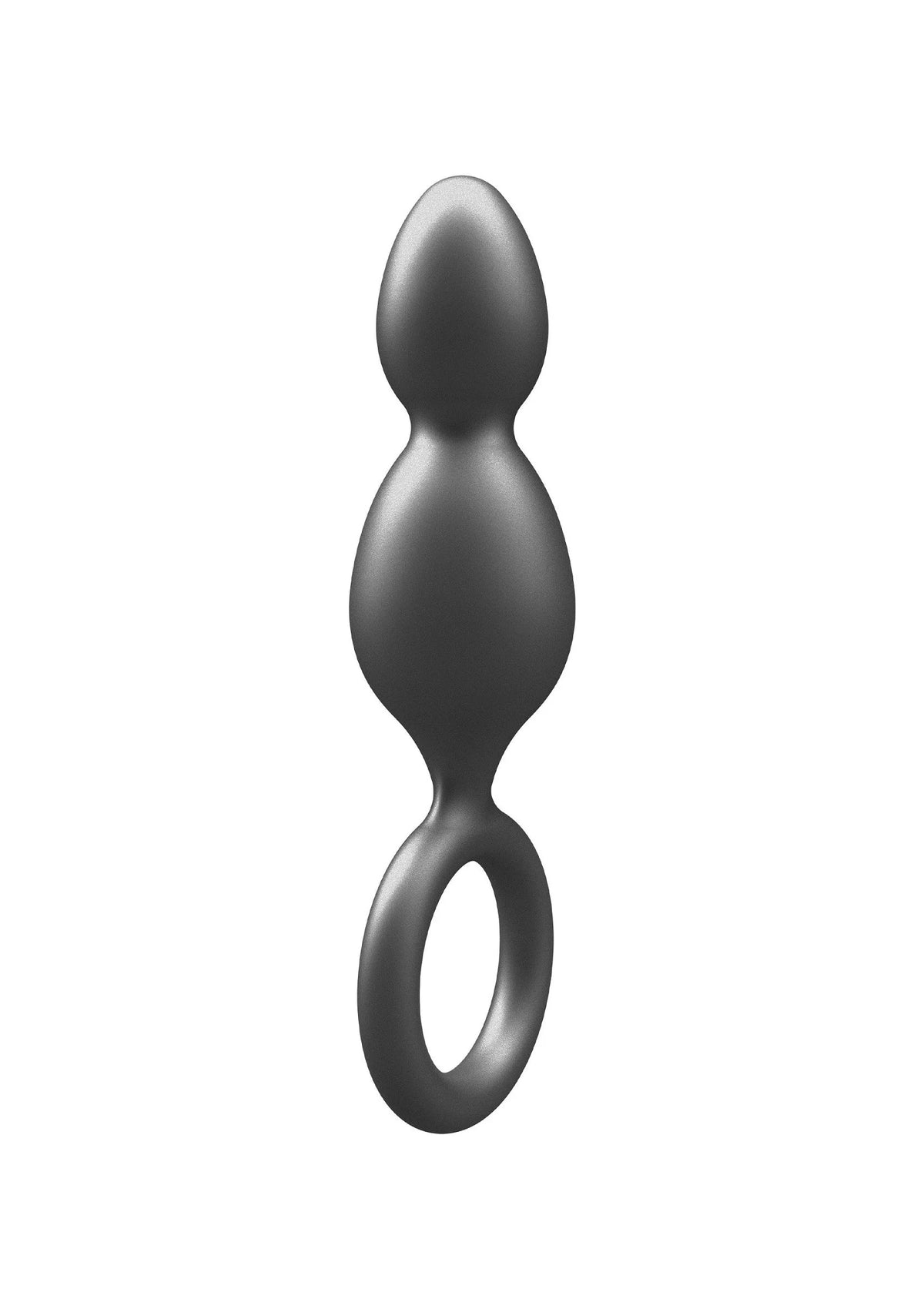 Metallische siliconen anale plug met dubbele vorm en ovale ring, grijs.