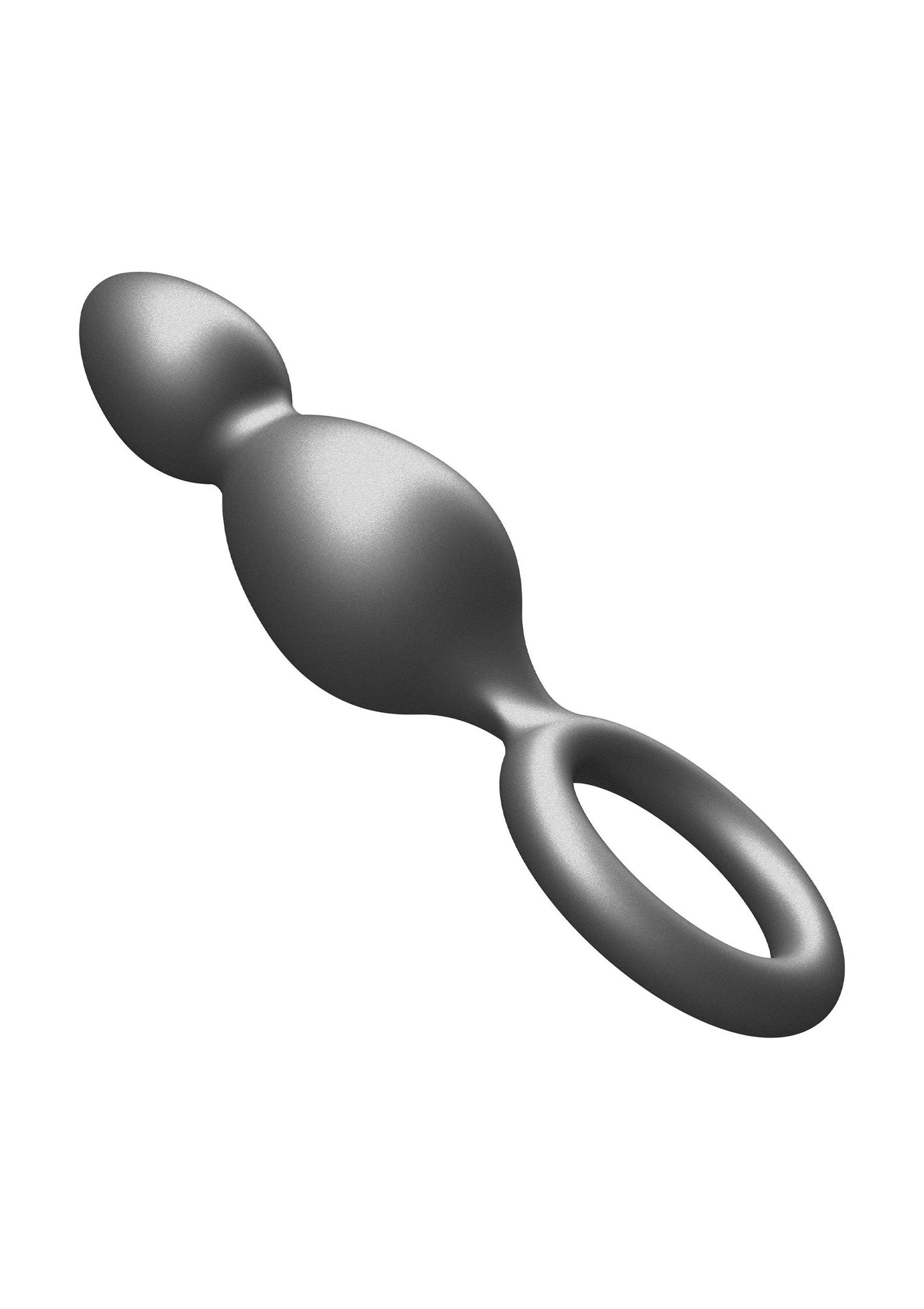 Metallische siliconen anale plug met ovale ring en afgeronde dubbele vorm, grijs.