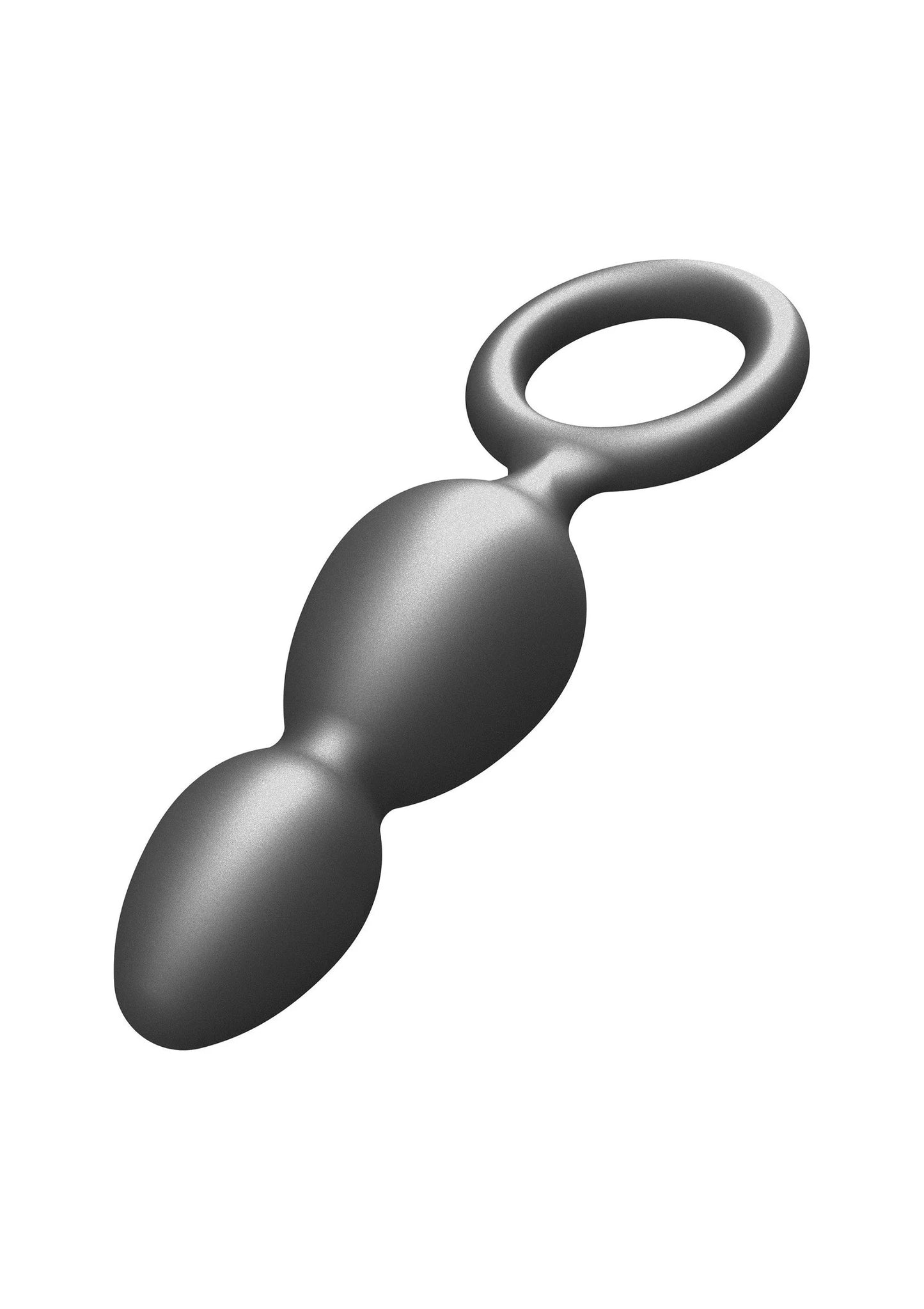 Metallische siliconen anale plug met ovale ring en peervormige dubbele delen, grijs.