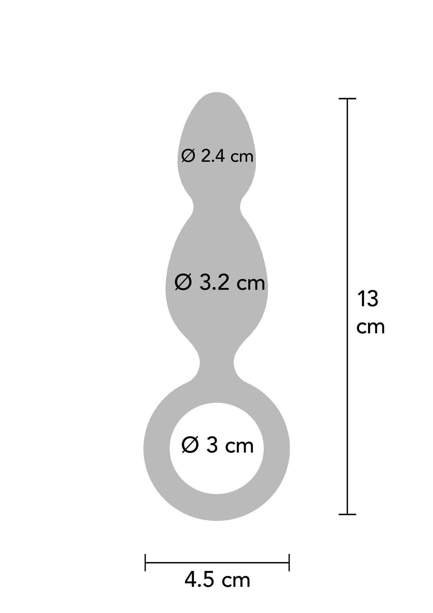 Siliconen anale plug-silhouet met afmetingen: Ø 2,4 cm, Ø 3,2 cm, hoogte 13 cm.