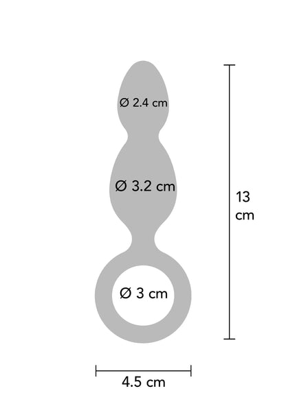 Siliconen anale plug-silhouet met afmetingen: Ø 2,4 cm, Ø 3,2 cm, hoogte 13 cm.