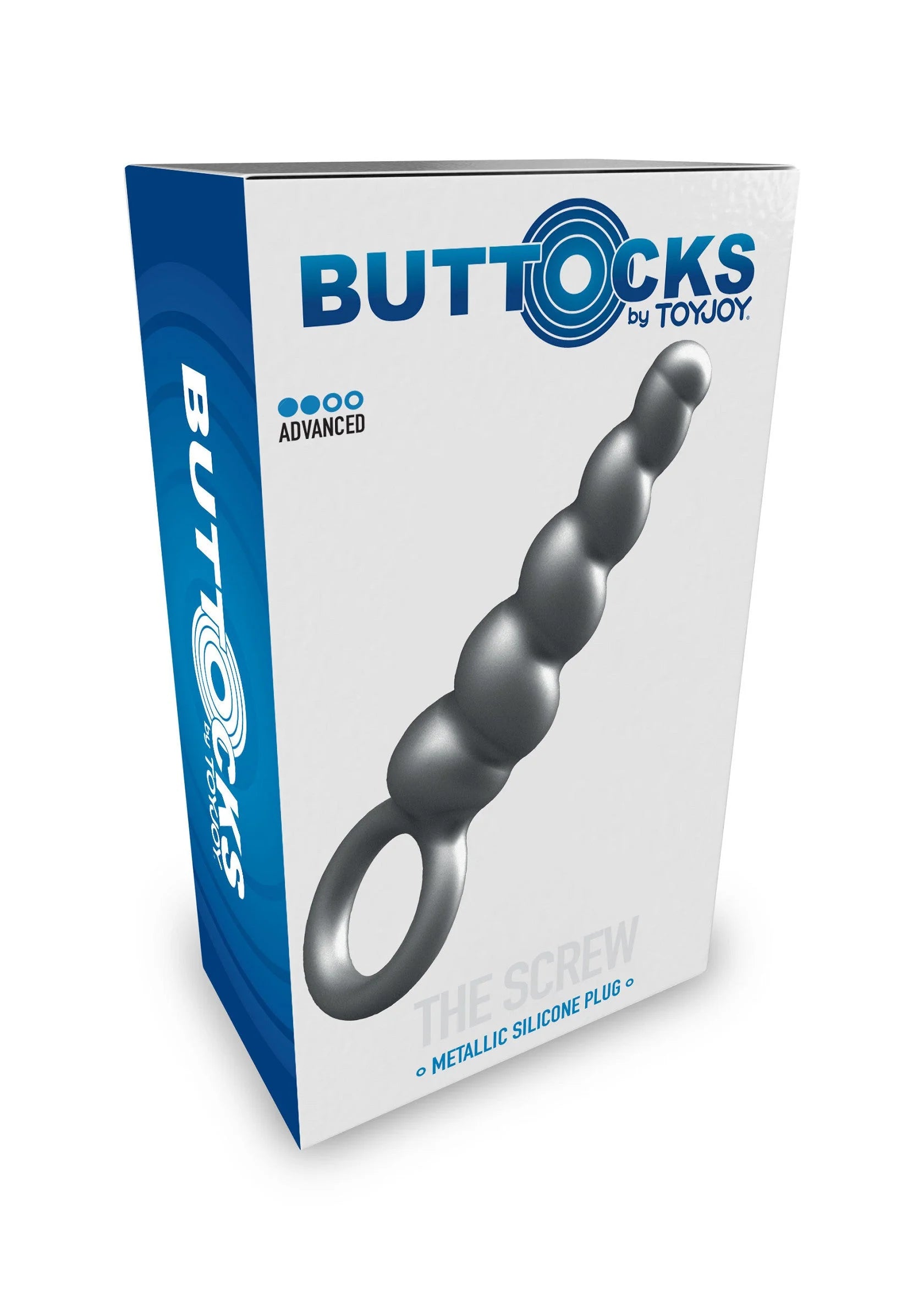 ToyJoy doos met metallische siliconen anale plug en ronde ring in profiel