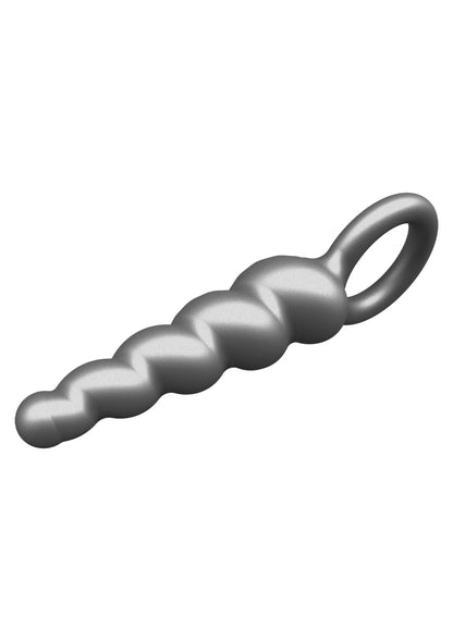 Metallische siliconen anale plug met schroefvormige ribbels en grote ovale ring