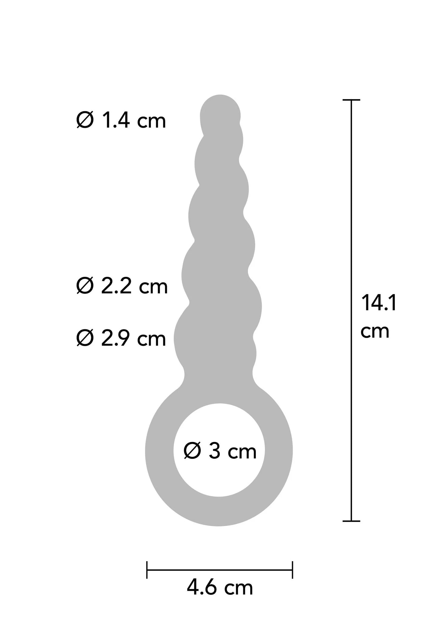 Maattabel van metallische siliconen anale plug: Ø 1,4–2,9 cm, hoogte 14,1 cm