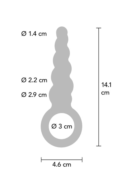Maattabel van metallische siliconen anale plug: Ø 1,4–2,9 cm, hoogte 14,1 cm