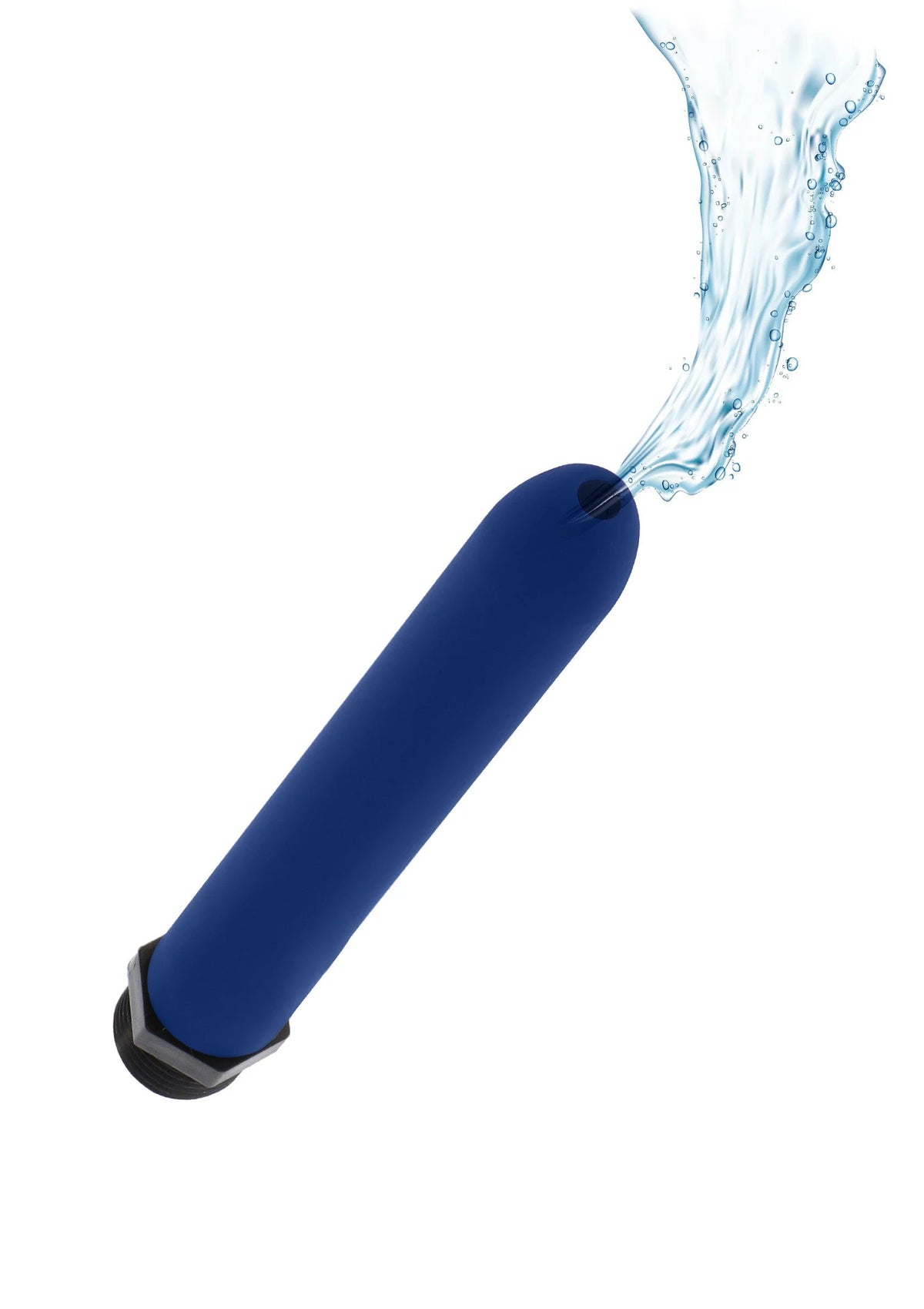 Blauwe anale douche ToyJoy, zijaanzicht met waterstraal uit de tuit