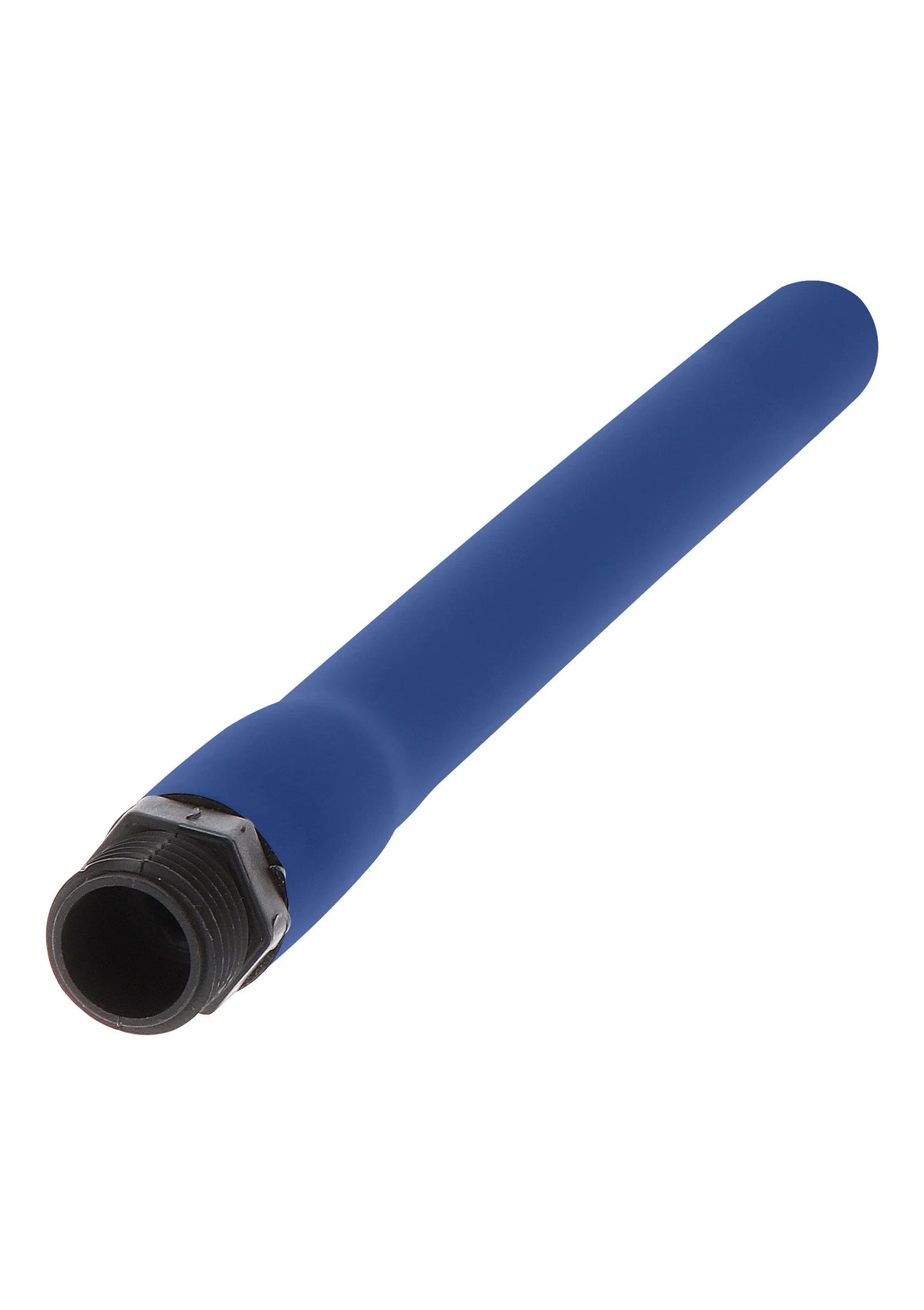 Blauwe siliconen douche met zwarte ring en aansluiting aan het uiteinde