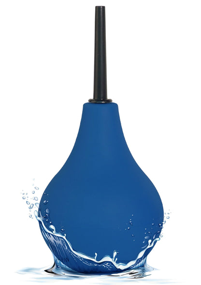 Anal douche reiniger blauw met zwarte tuit en water rond de bol.