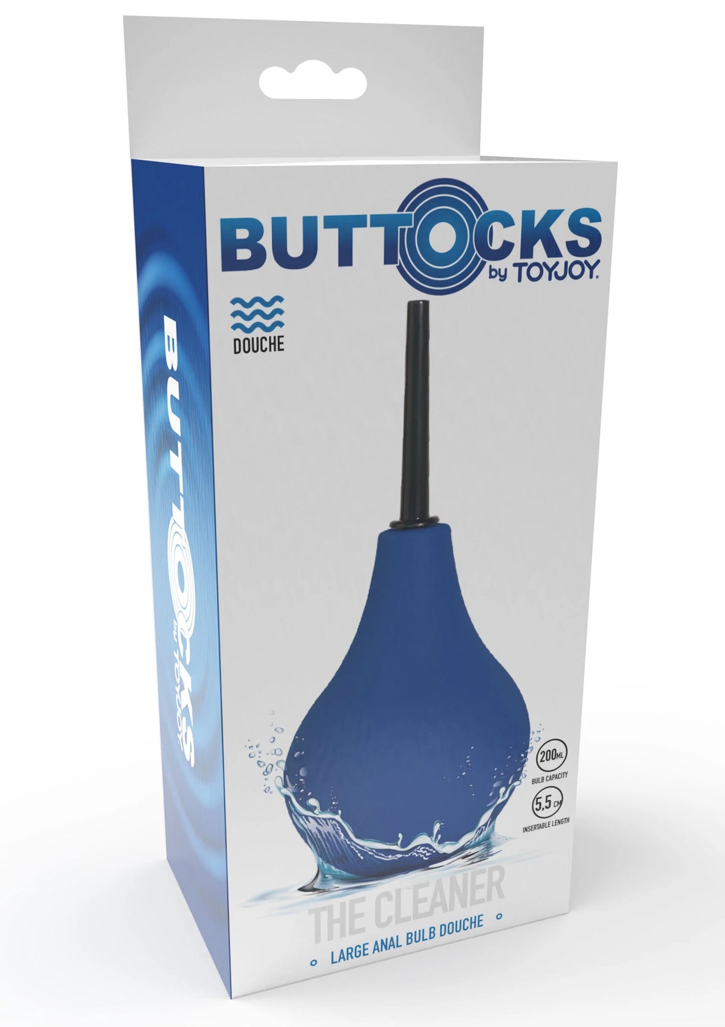 Verpakkingsdoos Buttocks by ToyJoy anal douche met blauwe bol en witte opdruk.