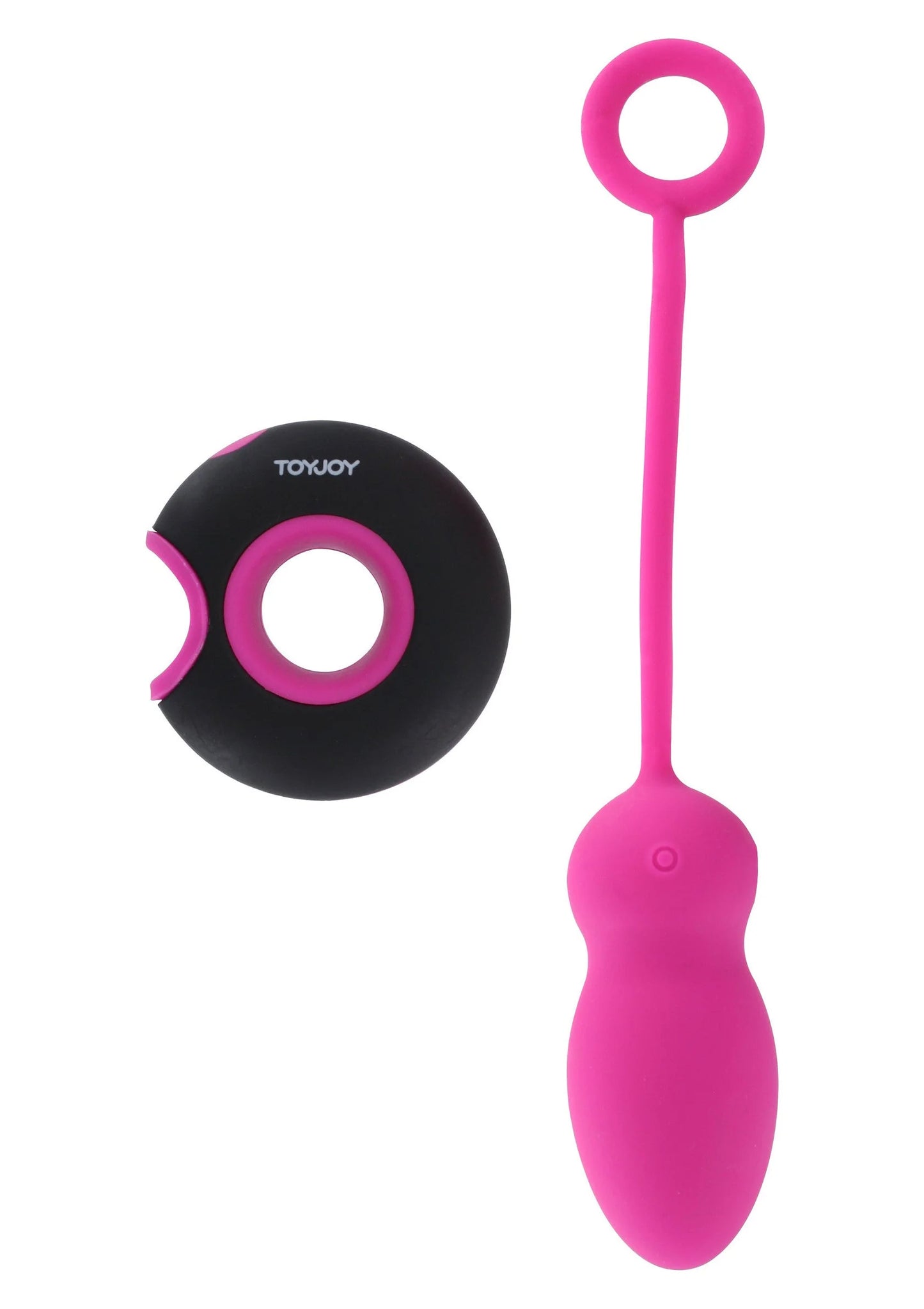 Roze vibrerende kegelbal met lus, plus zwarte controller met TOYJOY-logo