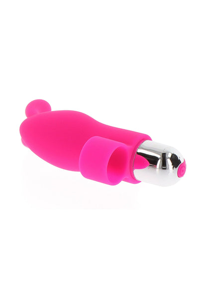 Roze konijn-vibrator voor vinger met zilveren uiteinde en ronde knop.