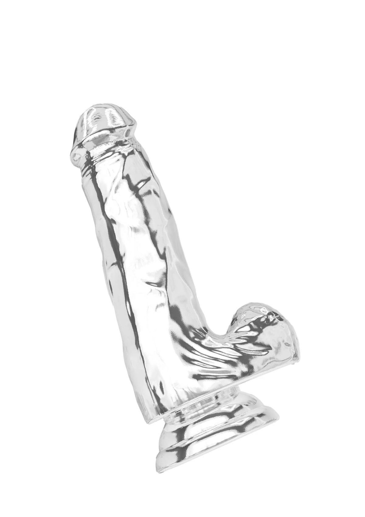 Heldere dildo met ronde balvormige uitstulping en brede voet, schuin zijaanzicht