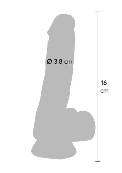 Afmetingenschets van dildo: Ø 3,8 cm en 16 cm lengte