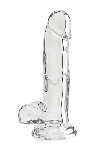 Transparante dildo met gebogen schacht en brede zuigvoet