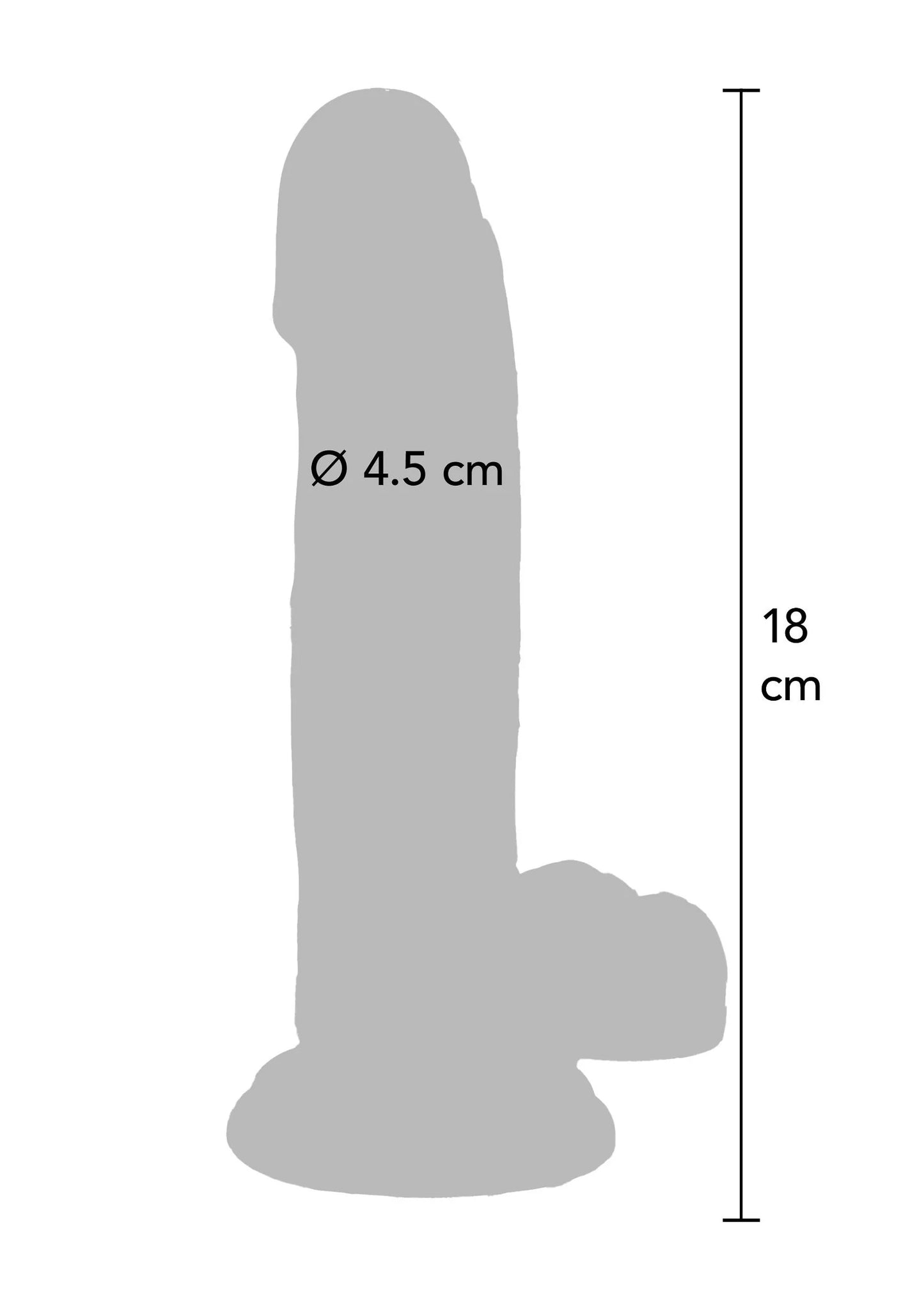 Silhouet van transparante dildo: Ø 4,5 cm, lengte 18 cm