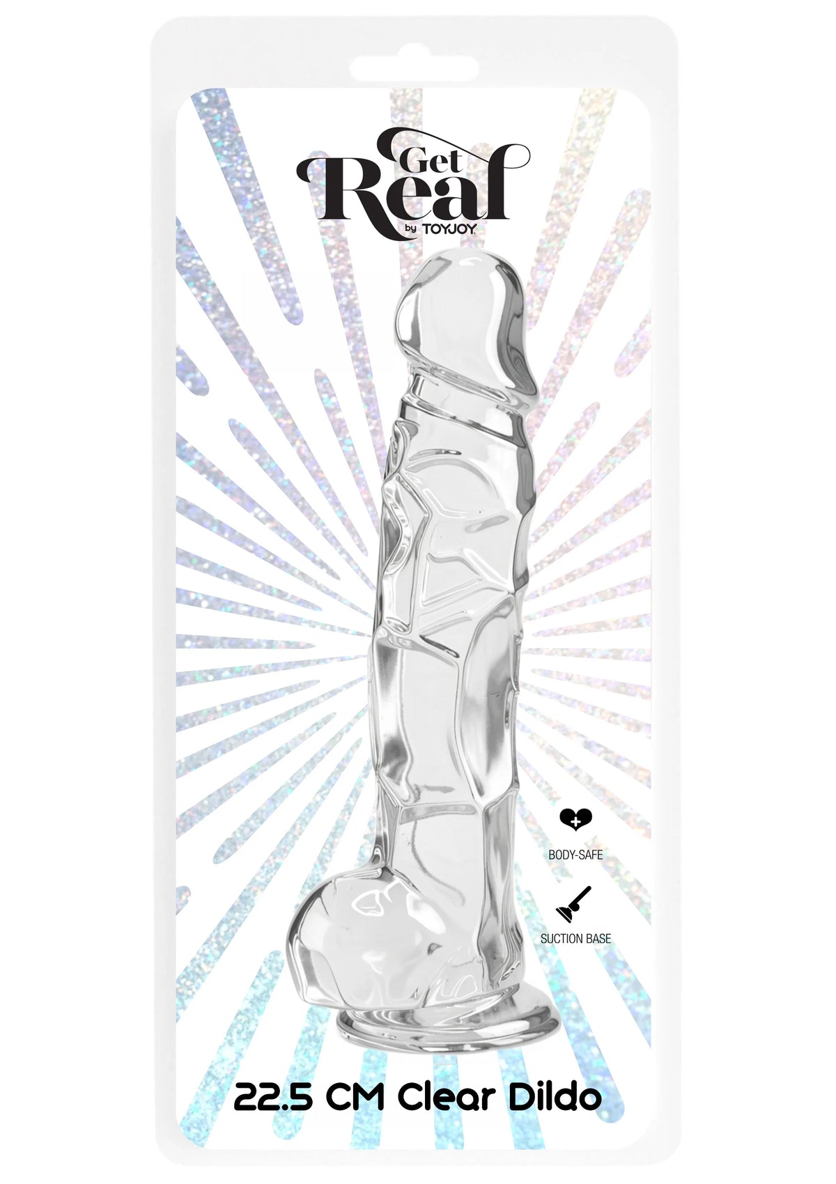 Get Real Clear dildo in blisterverpakking, transparante gebogen dildo met ronde kop