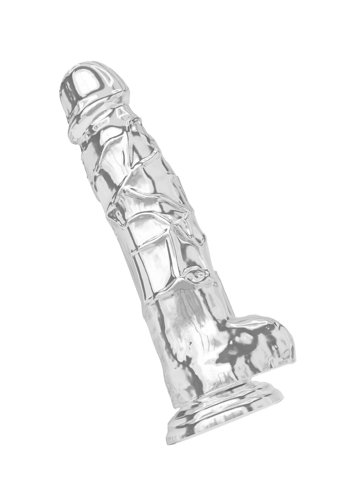 Transparante dildo met ronde verdikking en brede voet, zijkanaanzicht