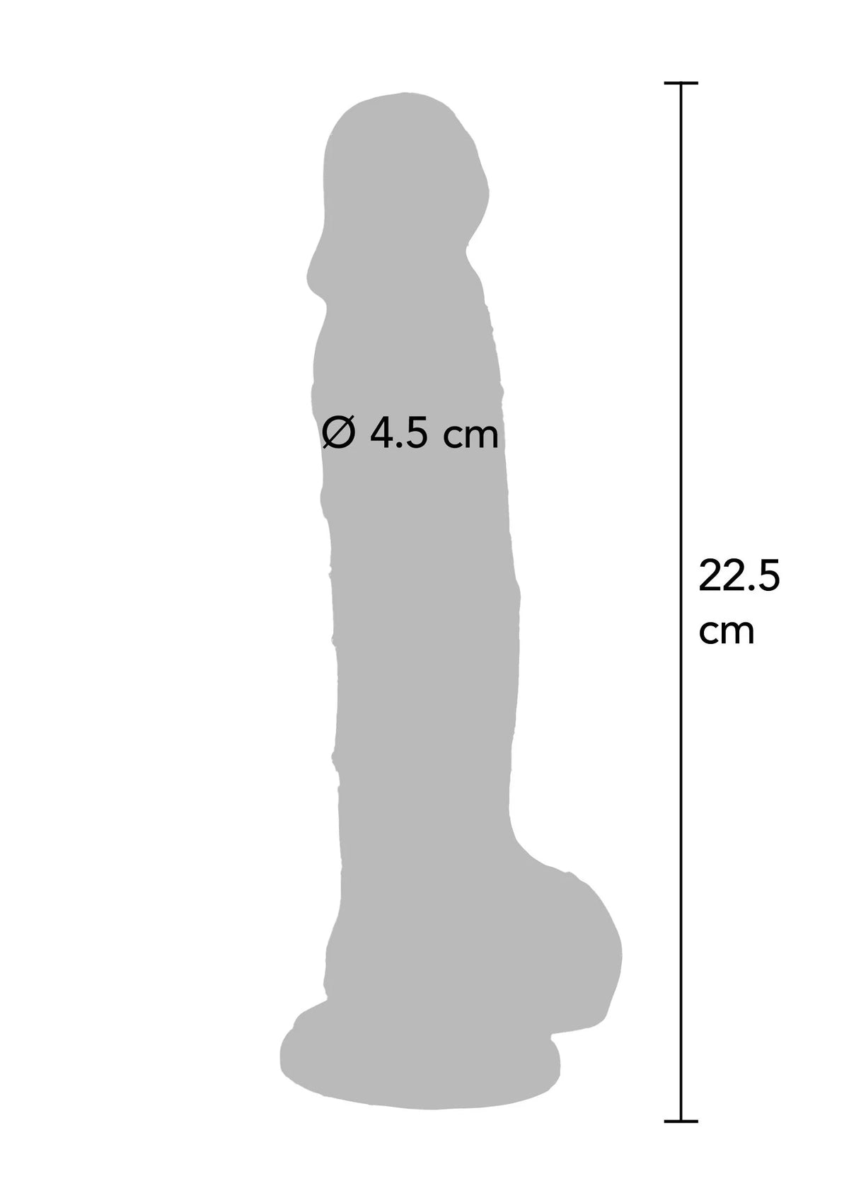 Afmetingen: transparante dildo-silhouet, Ø 4,5 cm en hoogte 22,5 cm