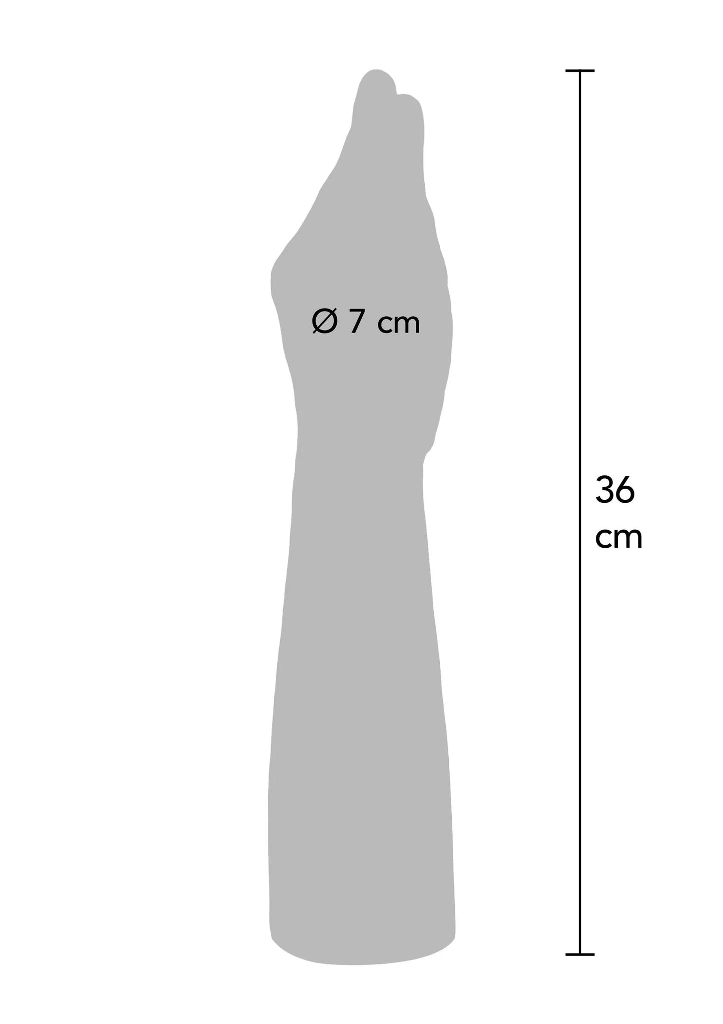 Grijze afmetingenschets van handvormig seksspeeltje, Ø 7 cm en 36 cm
