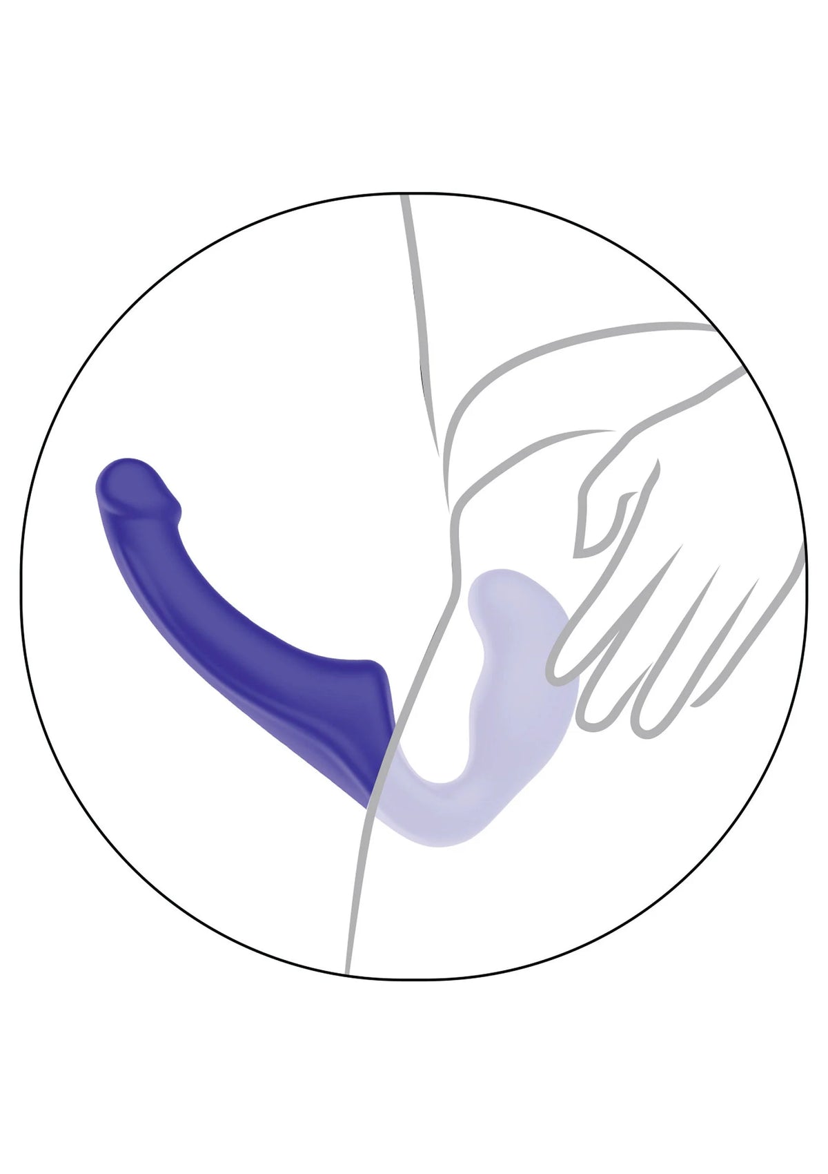 Ronde detailafbeelding met paarse siliconen strap-on en handillustratie