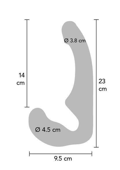 Afmetingen-schets van paarse siliconen strap-on: 23 cm en 14 cm