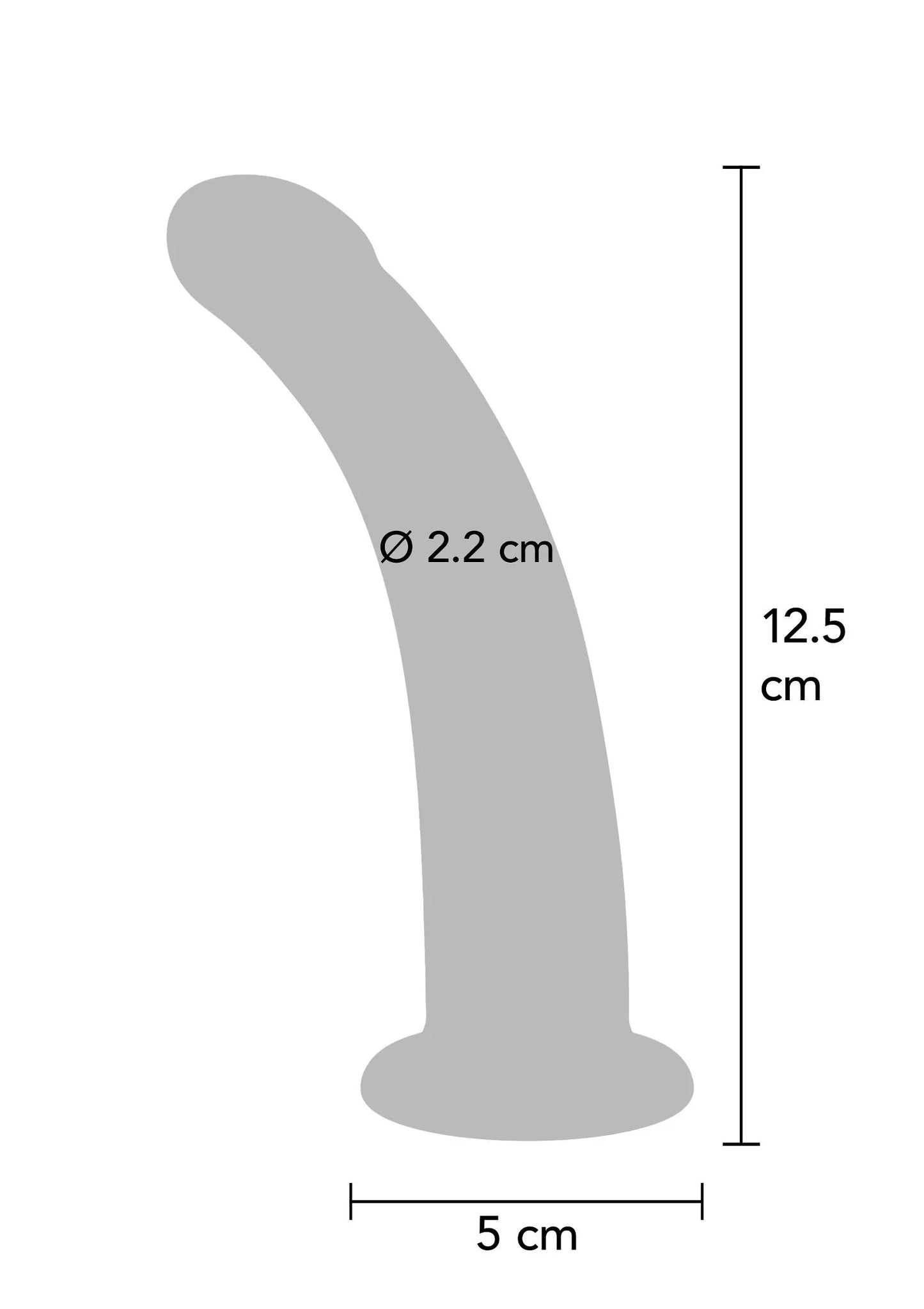Maatschets van gebogen dildo: ø 2,2 cm en 12,5 cm hoogte