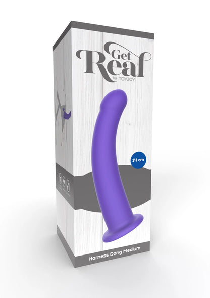 Verpakte paarse strap-on dildo, Get Real, doos met 14 cm markering