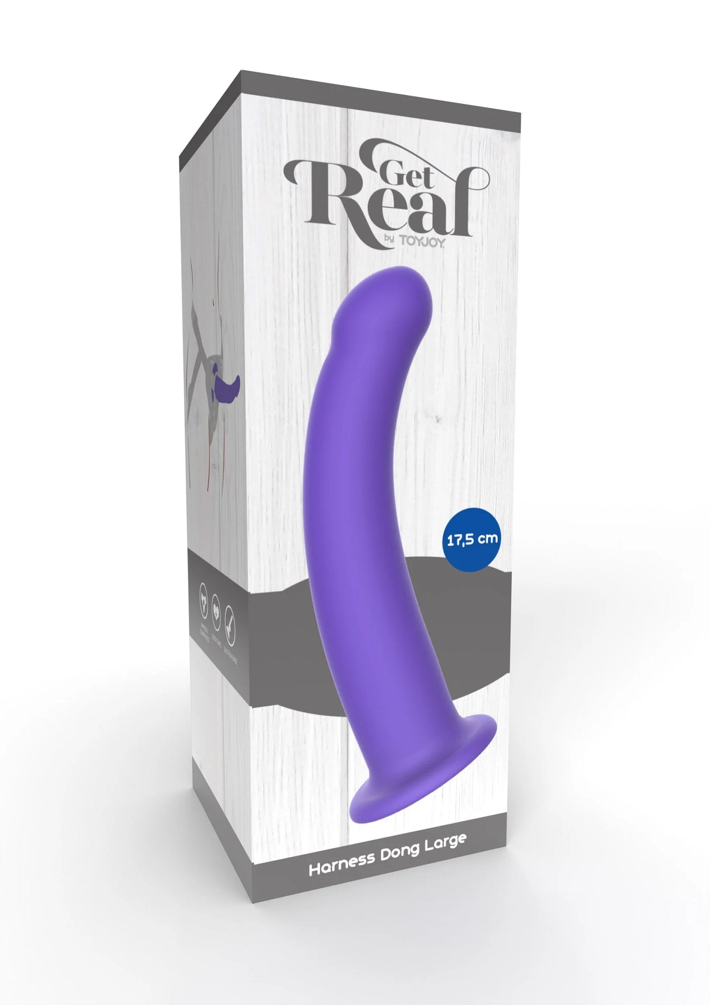 Paarse harness-dildo in verpakking, 'Get Real' doos met 'Harness Dong Large'