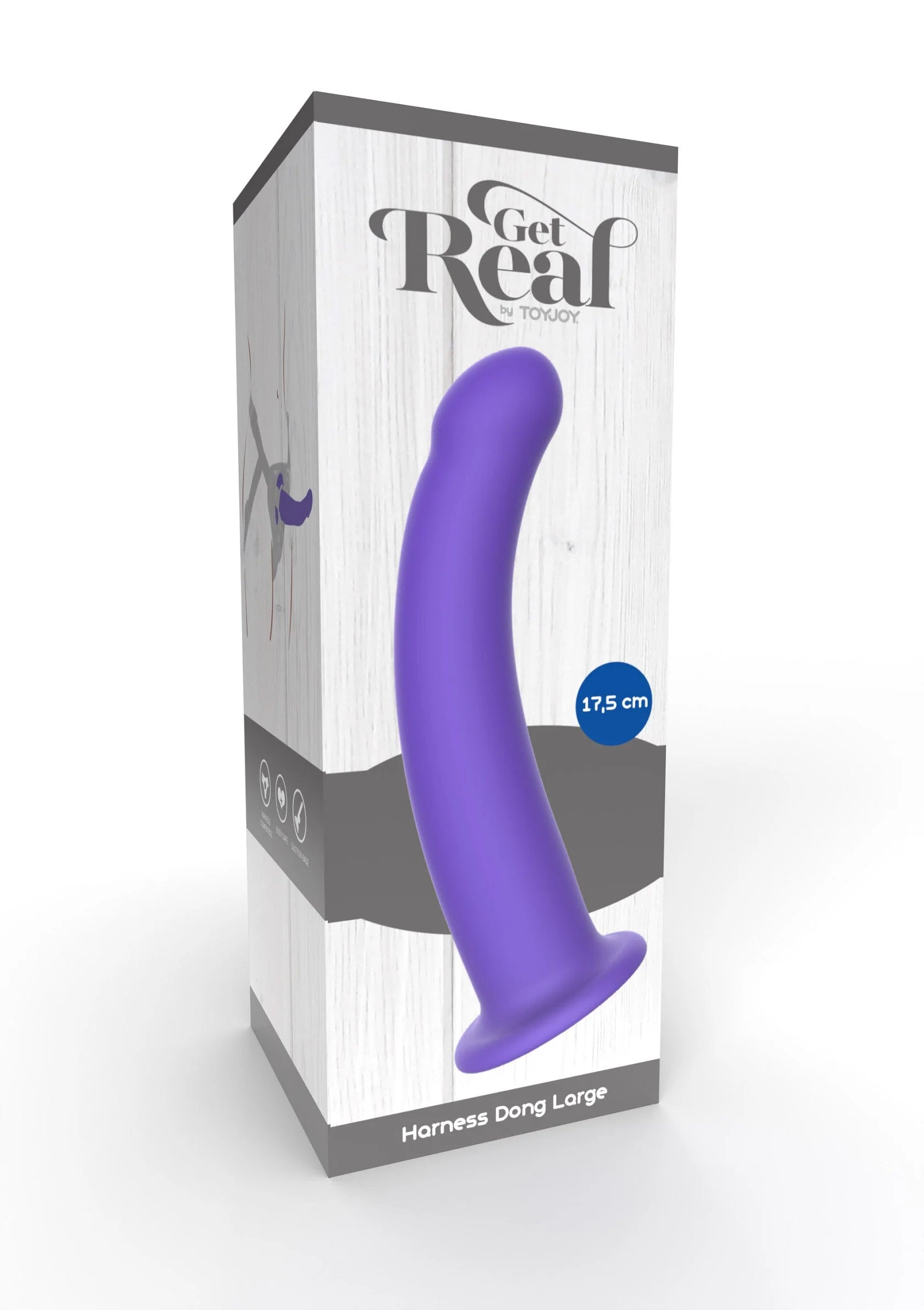 Paarse harness-dildo in verpakking, 'Get Real' doos met 'Harness Dong Large'