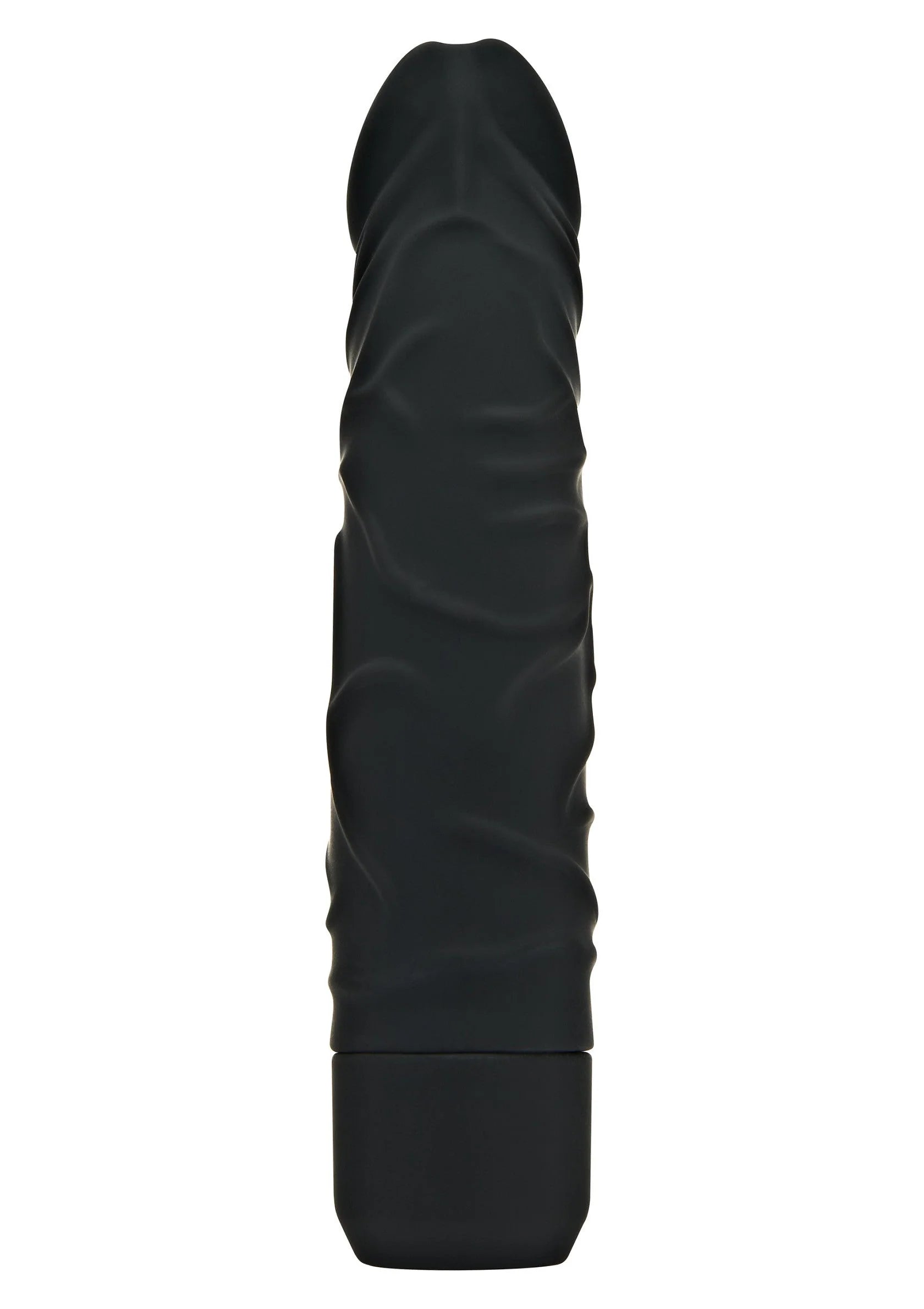 Vibrator met zwarte gladde schacht, taps toelopende vorm en ronde basis
