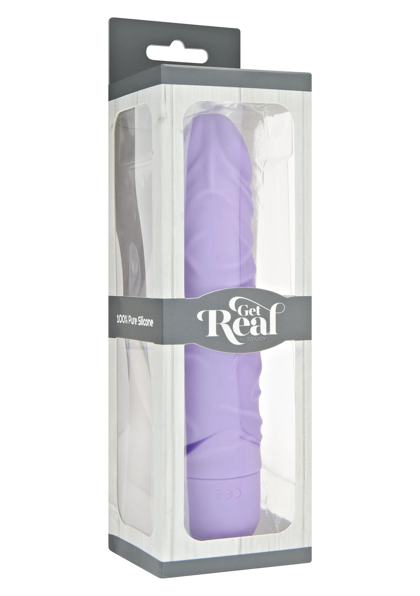 Verpakking van vibrator met paars apparaat in doorzichtige doos
