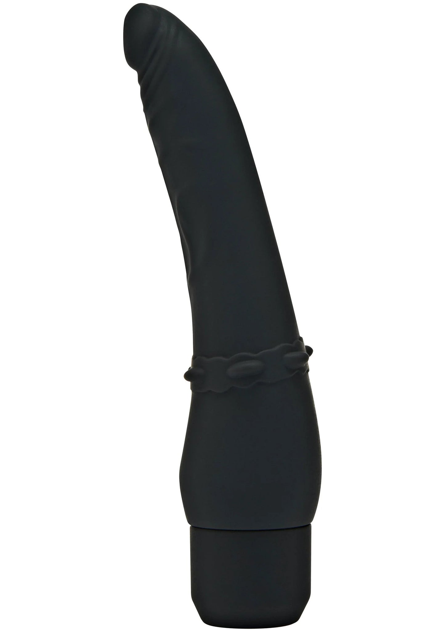 Zwarte vibrator met ronde basis en slanke steel, met knoopband om het midden