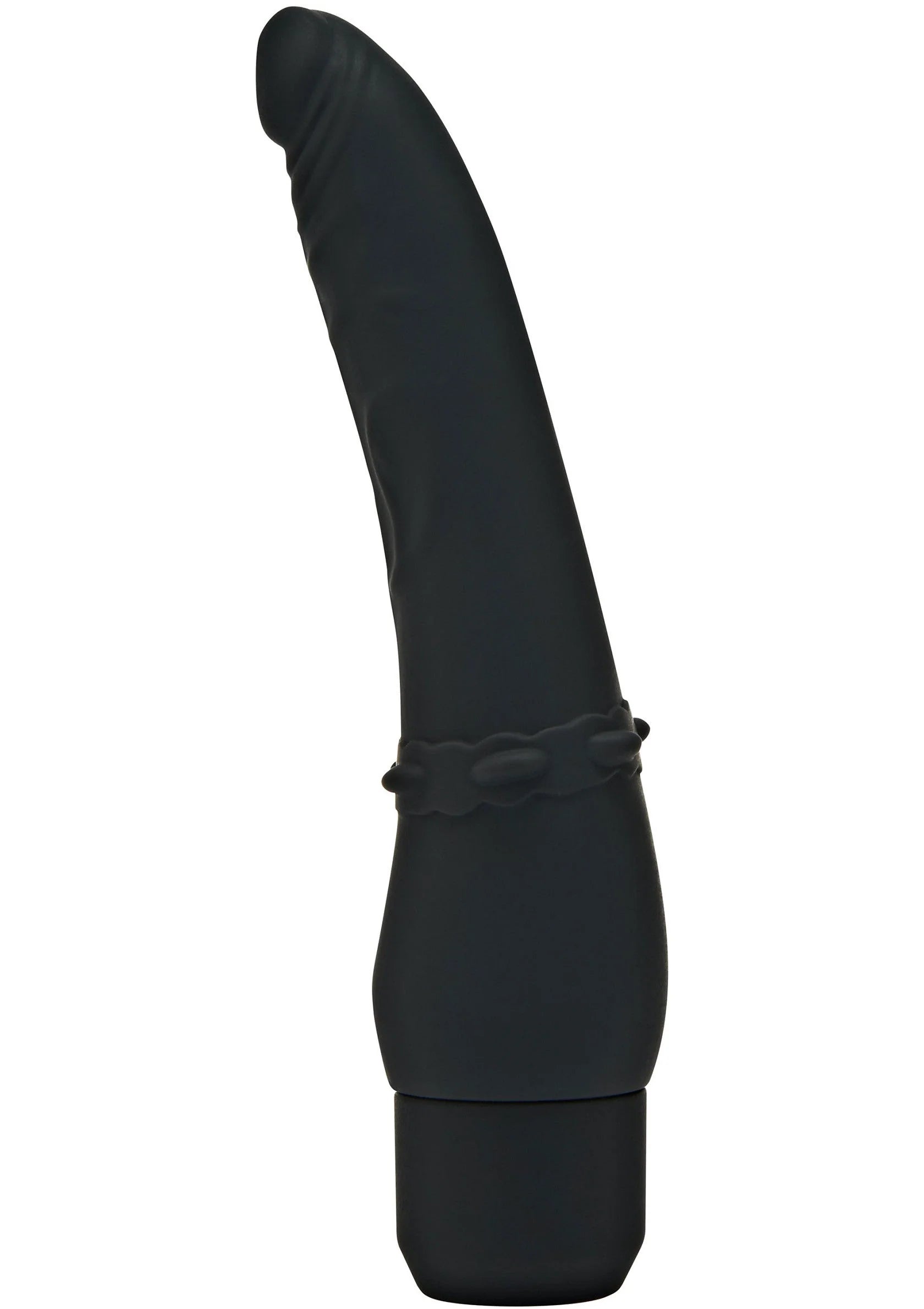 Zwarte vibrator met reliëf en bandje rond de basis, afgeronde top