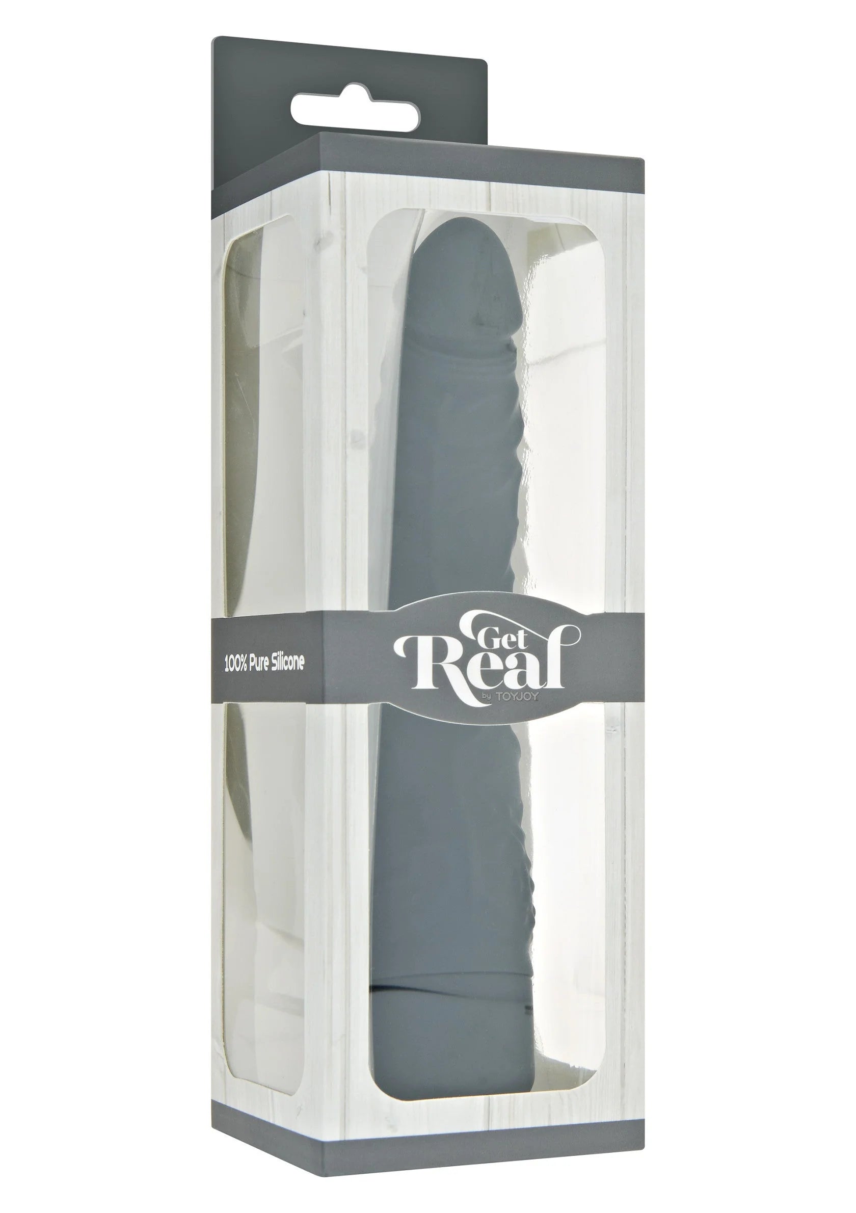 Verpakking met slanke vibrator in donkerblauw, zichtbaar product in kunststof venster