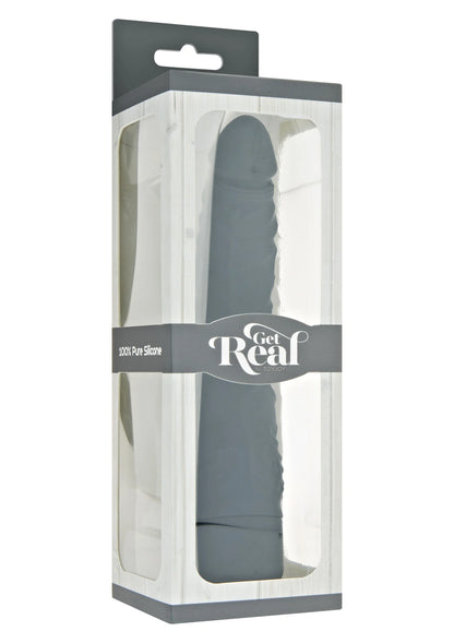 Vibrator in donkere kleur in verpakking, Get Real-stijl, met transparant venster