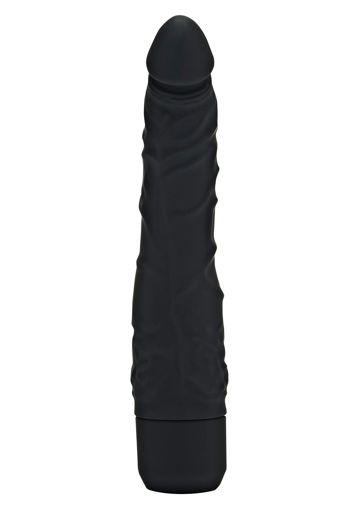 Zwarte slanke vibrator met getextureerd oppervlak en afgeronde top, brede onderkant.