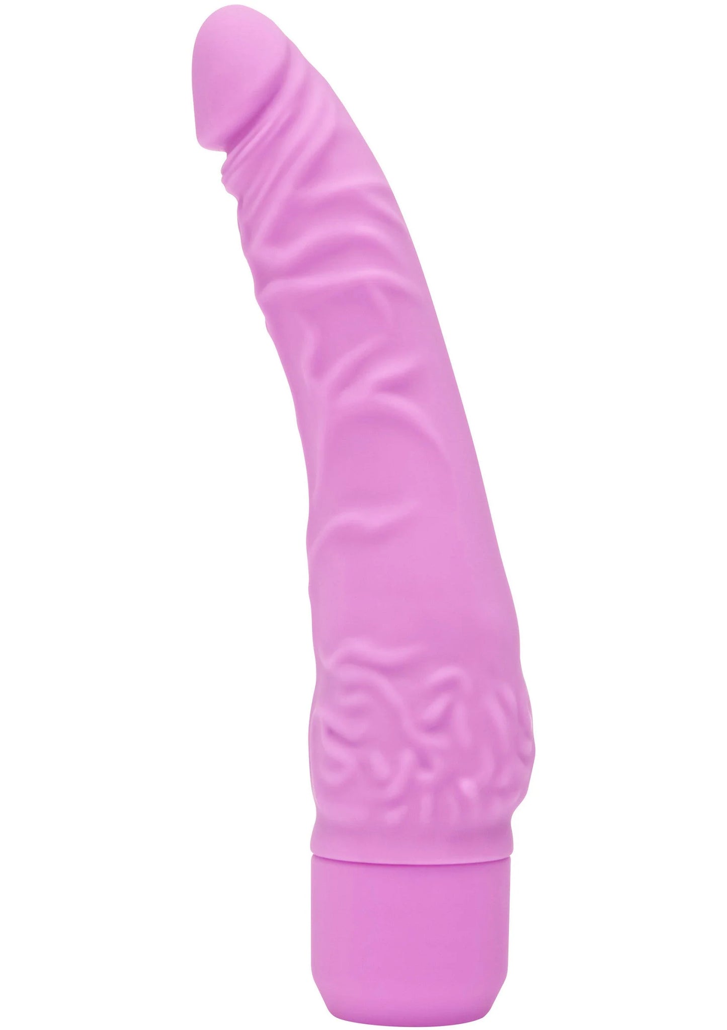 Roze vibrator met reliëf op de schacht en afgeronde platte onderkant