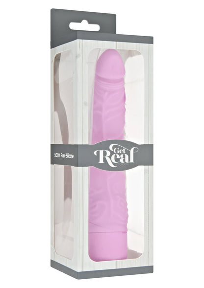 Verpakking met slanke vibrator in roze, zichtbaar product in kunststof venster