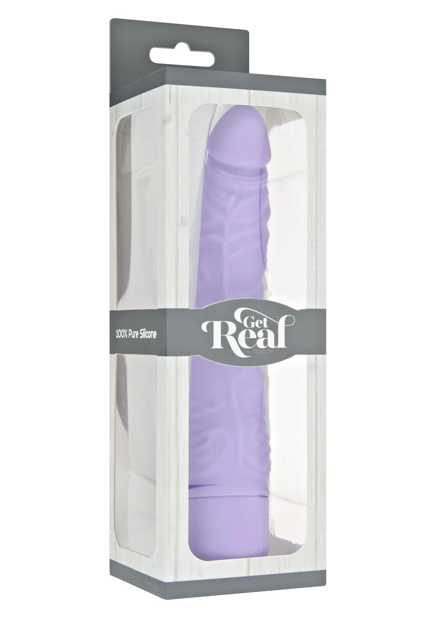 Verpakking van Get Real vibrator met paarse exemplaar in doorzichtige display