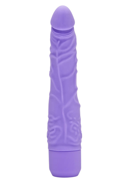 Paarse vibrator met reliëfpatroon, afgeronde top en dikke basisring
