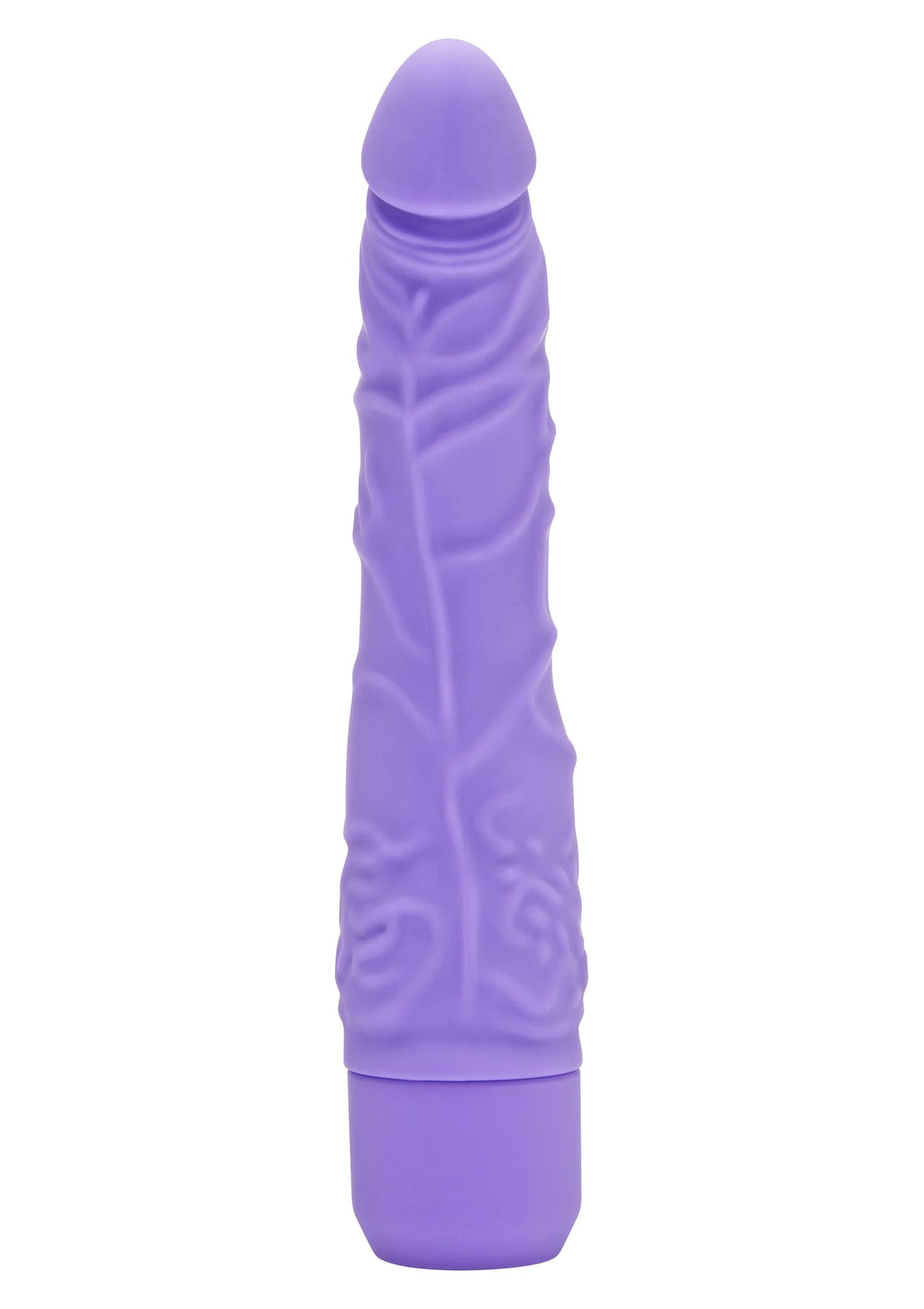 Paarse slanke vibrator met reliëf op de schacht en afgeronde top