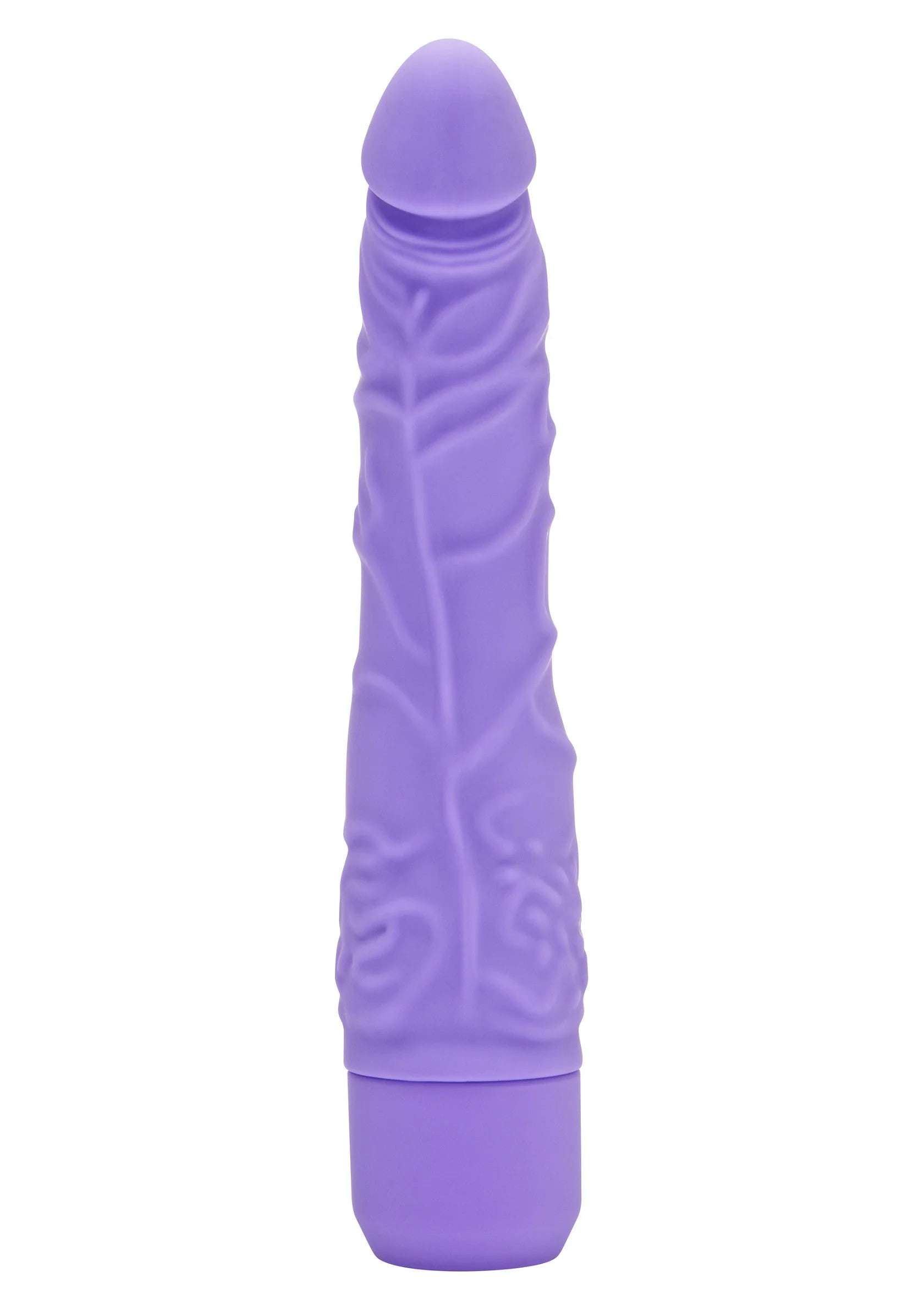 Paarse slanke vibrator met reliëf op de schacht en afgeronde top